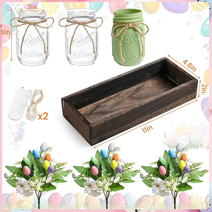 Easter Centerpiece Table Decorations for Table Runner Farmhouse Coffee Table Decor with Wood Tray and Led Light Table Centerpieces for Dining Room Kitchen Living,Green