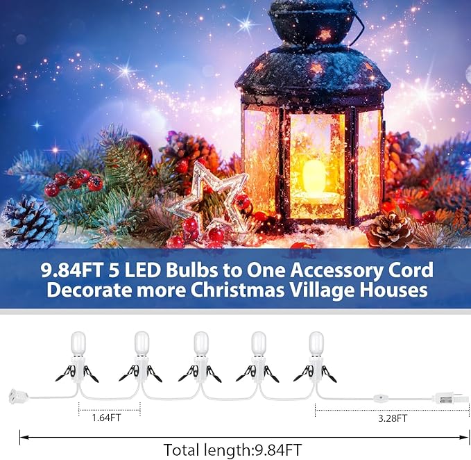 Leelosp 2 Pack Accessory Cord with 5 Milky White LED Light Bulb, 9.84 ft Christmas Village Light Cord with Fuse Wire, Blow Mold Light Kit Replacement for Christmas Village House Craft Halloween