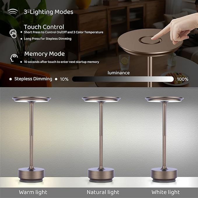 2-Pack Cordless Table Lamp Rechargeable - 5000mAh Battery Operated LED Table Light with Touch Stepless Dimming - Portable Coffee Metal Outdoor Lamp for Patio, Restaurant, Living Room