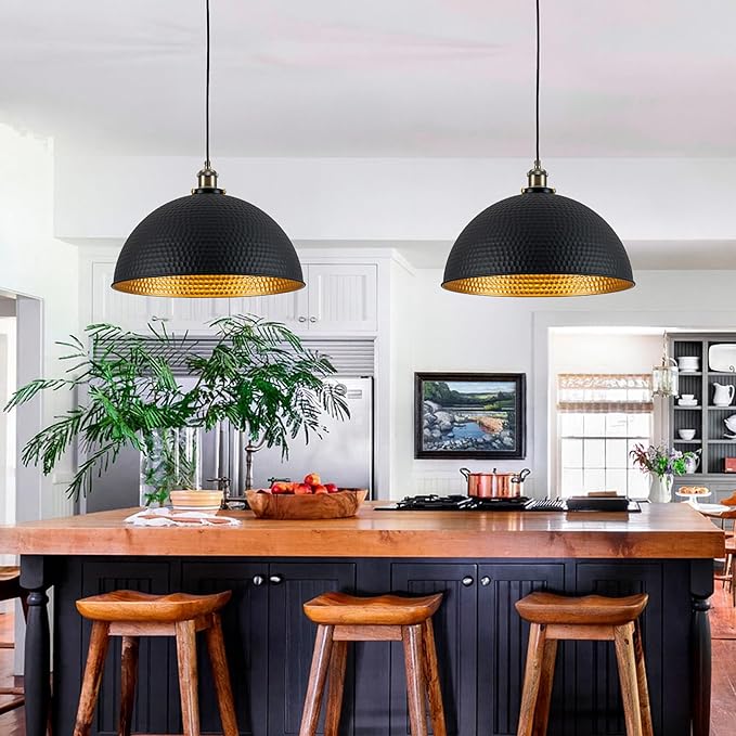 Industrial Large Black Gold Pendant Lights 2-Pack Vintage 16" Dome Pendant Light Fixtures with Golden Finish Rustic Farmhouse Black Pendant Lights for Kitchen Island, Dining Room, Bedroom