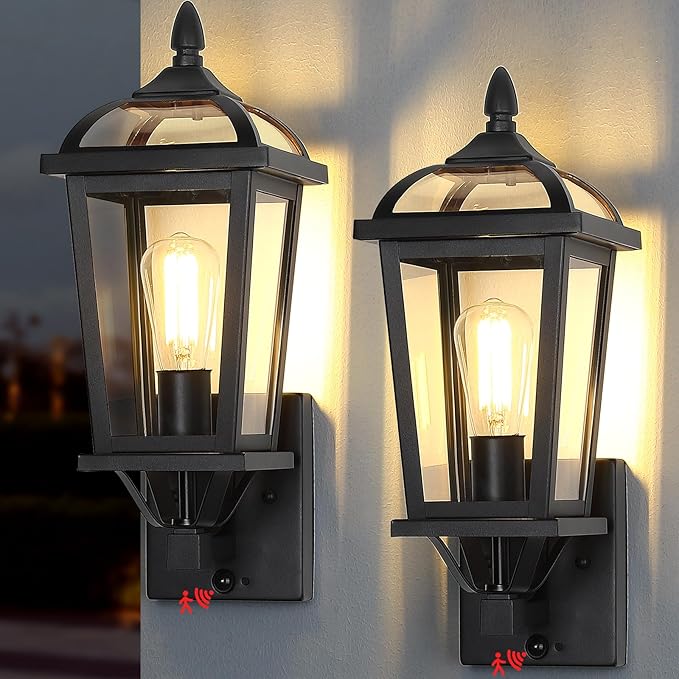2-Pack Motion Sensor Outdoor Wall Lantern, Dusk to Dawn Outside Modern Lighting Fixtures, Black Exterior Porch Lamp Lighting, Waterproof Outdoor Wall Sconce for Patio (Glass Cover)