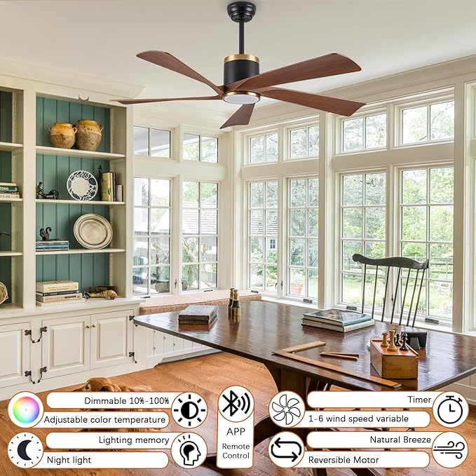 Ceiling Fans with Lights,52 inch Modern Ceiling fan with App and Remote Control,Reversible DC motor ceiling fans,3CCT,Dimmable, Noiseless,Ceiling Fan for Bedroom,Farmhouse,Indoor/Outdoor Use