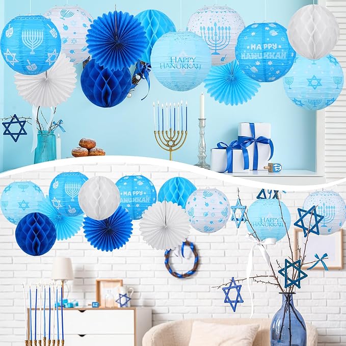 Retisee 18 Pcs Hanukkah Party Decoration Happy Hanukkah Paper Lanterns with Candlestick Dreidel Blue White Hanging Paper Fans Honeycomb Balls Chanukah Home Ornament for Jewish Party Decor
