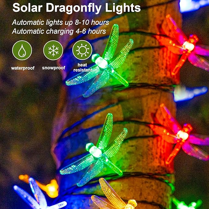 20 LED Dragonfly Solar String Lights, 8 Modes Waterproof Multicolor Lights Outdoor, 16 FT Solar Powered Dragonflies String Lights for Garden Fence Patio Yard Christmas Tree & Party Decor