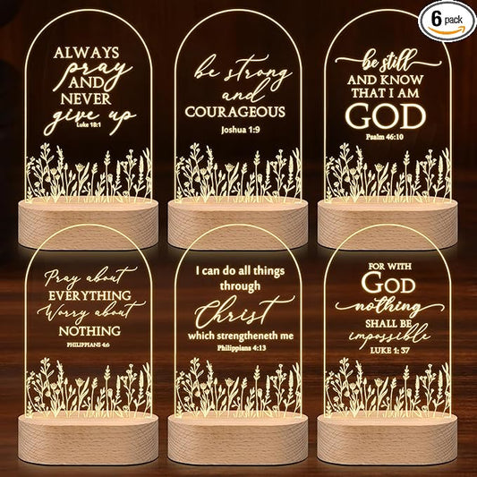 6 Pcs Christian Acrylic Night Light Bulk Mothers Day Religious Faith Church Gifts for Women Ladies Group Bible Verse Scripture LED Lamp with Wood Base for Easter Decor Men Clergy Pastor