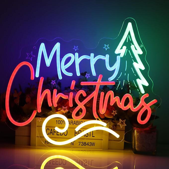 Christmas Neon Sign, Green Tree Shape with 'Merry Christmas' Lettering, LED Holiday Decoration for Indoor Home Wall/Tabletop