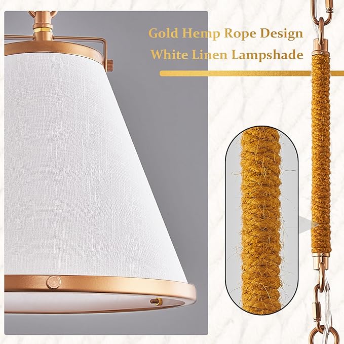 Vintage Brass Pendant Light Kitchen Island 10inch Linen Pendant Lights with Brass Hemp Rope Rod Modern Farmhouse Pendant Hanging Lighting for Kitchen Sink Dining Room Entryway Hallway