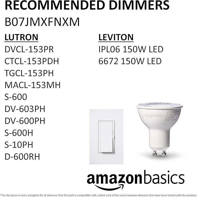 Amazon Basics MR16 LED Light Bulb, 50 Watt Equivalent, Energy Efficient 7W, GU10 Base, Warm White 3000K, Dimmable, 10,000 Hour Lifetime , 6-Pack