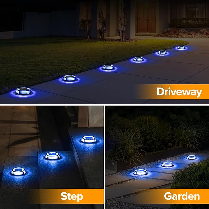LUTEC 12 Pack Solar Deck Lights Driveway Dock 12 LEDs Light Solar Powered Outdoor Waterproof Road Markers for Step Sidewalk Stair Garden Ground Pathway Yard (Blue)