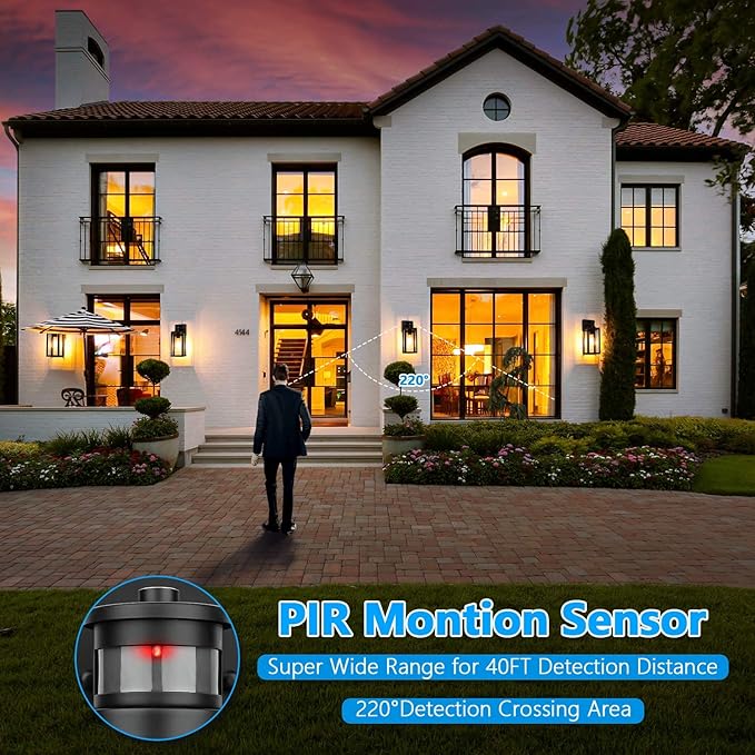 2-Pack Motion Sensor Outdoor Wall Lights, Upgraded Dusk to Dawn Exterior Wall Sconces Lanterns with Seeded Glass, Porch Light Fixtures Outside Lights for House Front Door Entryway Garage, Black