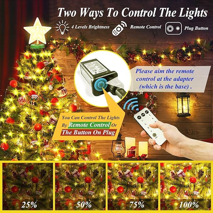 Aneeway Tree Lights with Star Toppers, 410 LED Christmas Lights, 8 Modes & Memory Function, 6.6FT x 16 String Lights, Remote Control & Timing for Ornaments - Warm White