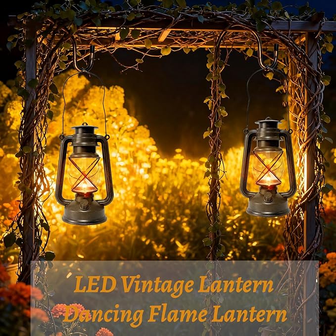 2 Pack LED Vintage Lantern Battery Powered Lanterns with Flame Wick Waterproof Camping Lamp Vintage LED Flame Lamp Hanging Lantern Lights Landscape Patio Garden Pathway Decor for Indoor/Outdoor Use