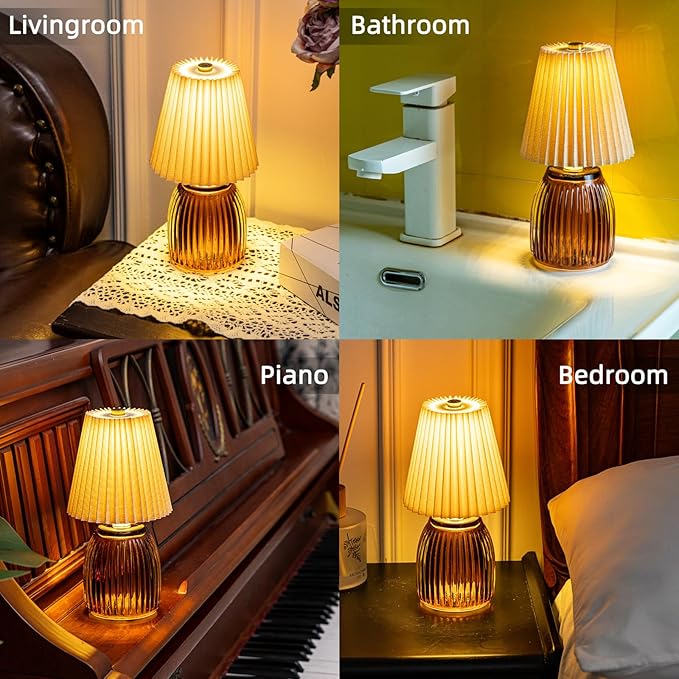 MJ Cordless Lamps with Timer 8.7 in High Battery Operated Pleated Lamp Shade for Home Decor Emergency Battery Powered Small Lamps for Livingroom Bedroom Home Decor Beige
