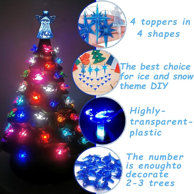 117Pcs Ceramic Christmas Tree Replacement Lights Bulbs Deep Bluebird and 1 Angel/3 Stars Topper Ornament for Ceramic Tree Décor - Medium Plastic Pegs.