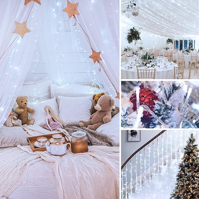 FULLBELL 33ft 100 LED Memory Pure Wire String Lights, Indoor/Outdoor, White (100LED), 5W, 125V, 3000K, Water Resistant, Christmas, Birthday, Wedding, Modern Style