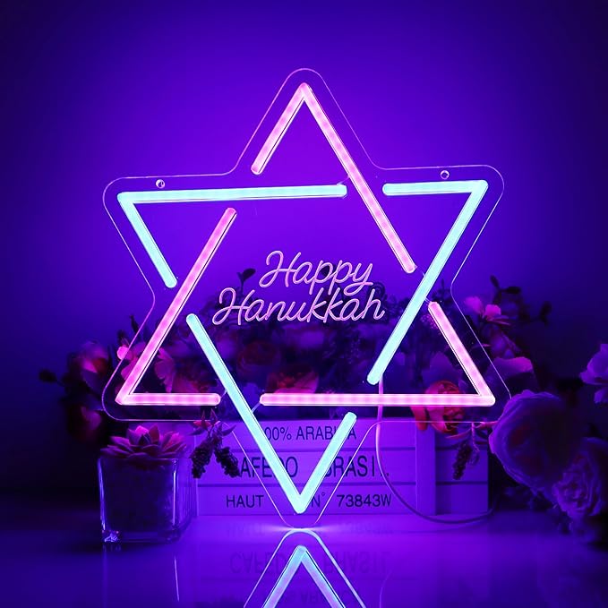 Hanukkah Neon Sign, David Star Pink Blue Gradient LED Light with 'Happy Hanukkah' Lettering, Indoor Holiday Decoration for Home Party