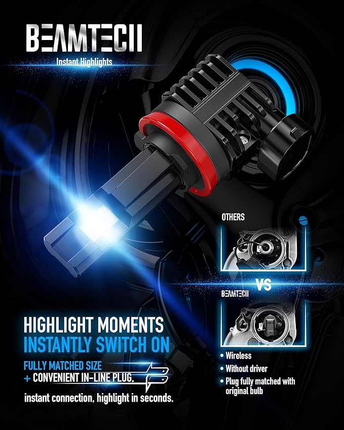 BEAMTECH 9005 H11 Bulbs, Fanless In Line HB3 H8 H9 Fog Light Bulb 6500K Xenon White Fog Light Of 4