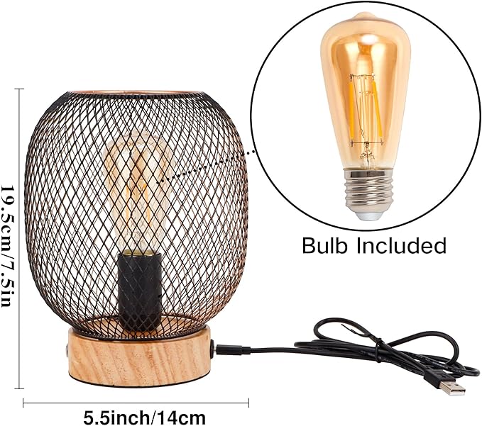 JHY DESIGN Dimmable Touch Bedside Table Lamp Metal Cage Rechargeable Battery Powered Lamp with LED Bulb for Weddings Parties Patio Events for Indoors Outdoors(Round, Wooden Base)