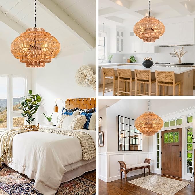 23.6‘’ Rattan Chandelier Dinning Room Pendant Light Fixture Boho Chandelier Boho Hanging Light Large Basket Light Woven Rattan Pendant Light for Kitchen Island Bedroom Farmhouse Living Room