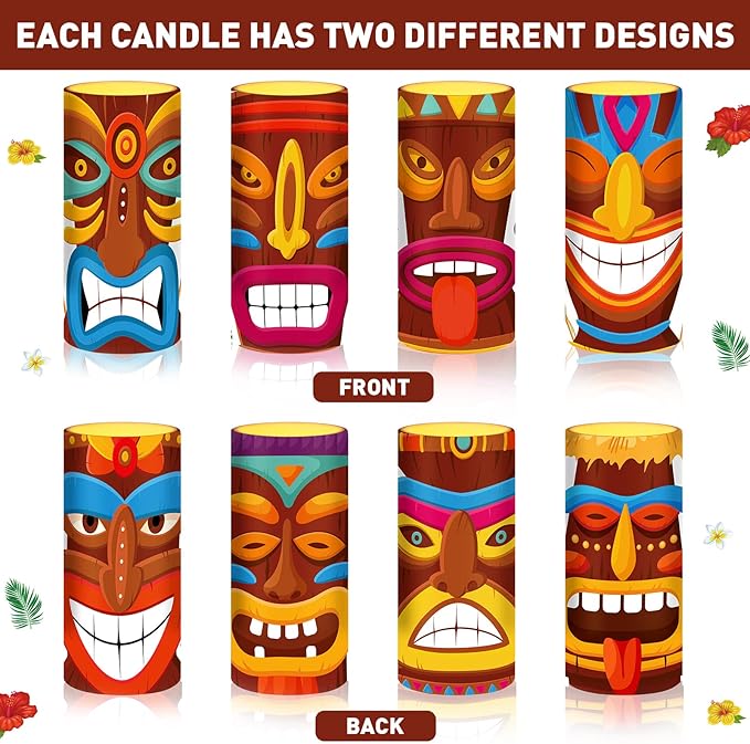 Tiamon Tribal Tiki Flameless Candles Led Hawaiian Battery Operated Luau Flickering Candles with 18-Key Remote Timer Pillar for Summer Holiday Tiki Bar Party Table Decorations