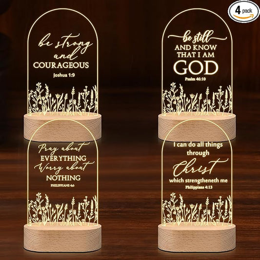 4 Pcs Christian Acrylic Night Light Bulk Mothers Day Religious Faith Church Gifts for Women Ladies Group Bible Verse Scripture LED Lamp with Wood Base for Easter Decor Men Clergy Pastor