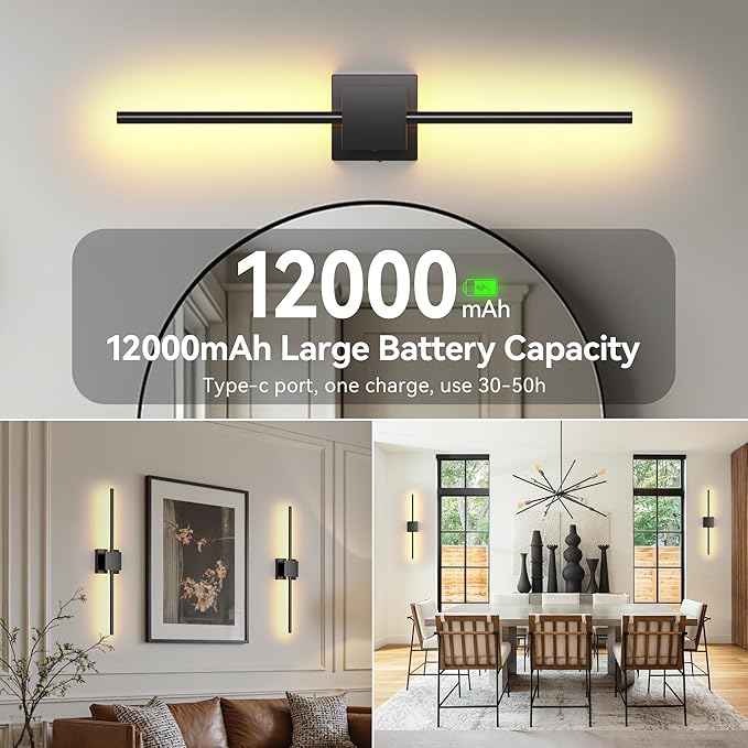 Battery Operated Wall Sconces Set of 2, 𝐔𝐩𝐠𝐫𝐚𝐝𝐞𝐝 12000mAh Rotatable Picture Lights with Remote Control, Dimmable 3000-6500K LED Rechargeable Wall Lights for Living Room Bedroom Mirror, 28.3In