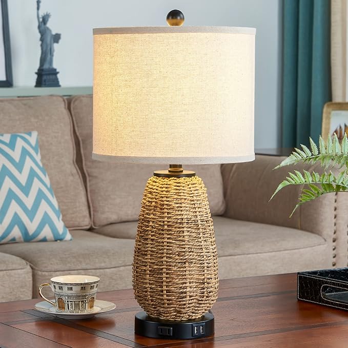 Touch Control Rattan Table Lamps, 3 Way Dimmable Bedside Lamps for Bedroom Set of 2 with 2 USB Ports and AC Outlet, Grass Rope Nightstand Lamps for Living Room Office (2 LED Bulbs Included)