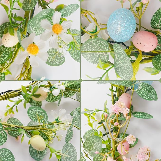Easter Garland for Mantle - 6FT Faux Eucalyptus Garlands with Daisy, Pink Bloom & Egg, 20 LED Lights, Battery Operated Auto Timer, Flexible for Indoor Outdoor Spring Home Decor