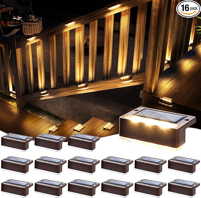 SOLPEX Solar Fence Lights, Solar Deck Lights Outdoor Waterproof Solar Powered for Step, Stair, Balcony,Front Porch,Garden, Walkway,Yard, Patio Decor, IP65 Waterproof (16 Pack, Warm White) 6 LEDs