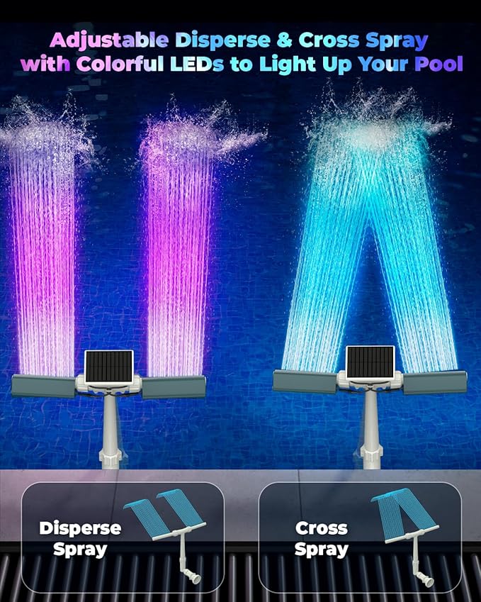 Solar Pool Fountain with 8-Color 6-Mode RGBIC LED Lights, Above/Inground Solar Lights with Remote, 360°Adjustable Dual Spray Waterfall Sprinkler Fountain for Relaxation & Cooling 10-20°F