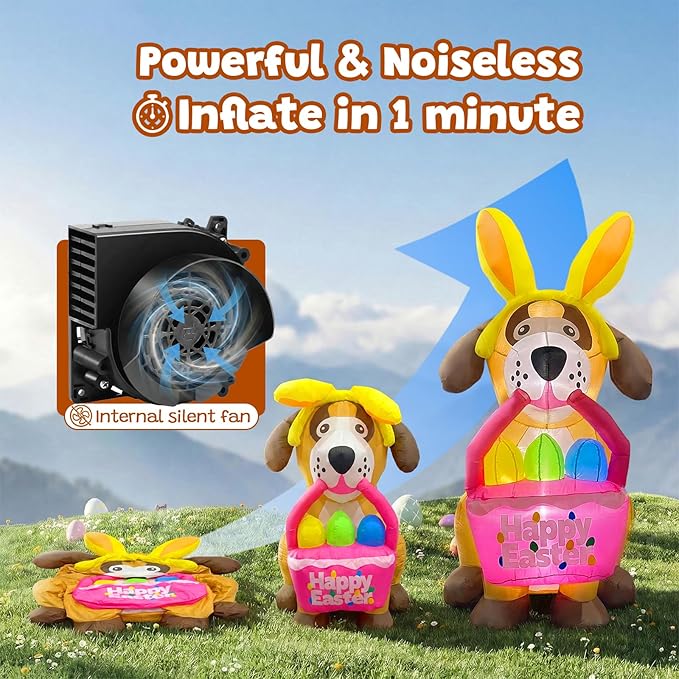 6 FT Easter Inflatables Dog Outdoor Decorations with Bunny Ears, Blow Up Easter Dog Holding Eggs Basket with Build-in LED Lights, Giant Spring Holiday Inflatable Yard Decor for Lawn Garden