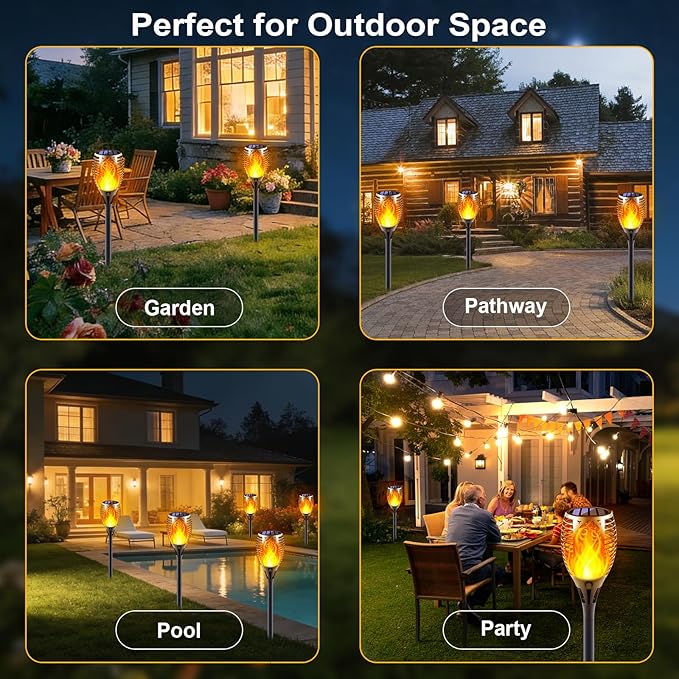 Solar Torch Lights with Flickering Flame, Fire Effect Garden Light, Auto On/Off Dust to Dawn, Outdoor Waterproof Landscape Decoration, Powered Security Light for Patio, 8 Pack