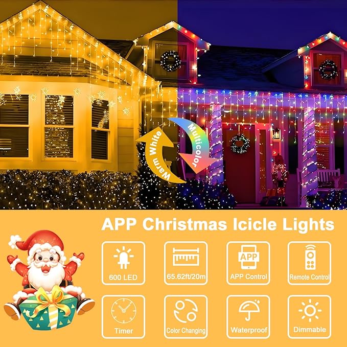 Color Changing Icicle Lights for Outside,65ft 600 LEDs Christmas Light,APP Control,Music Sync,Waterproof LED Icicle Lights for Eaves Yard House Holiday Christmas Decoration,Warm White and Color