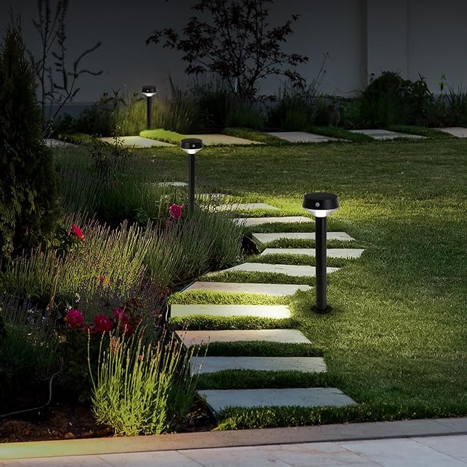 EcoPath Solar Collection LED Landscape Path Light or Fence Post Light with Linkable IR Motion Sensor and Daylight Sensor 80 Lumens 8 Hours on Full Charge 3000K in Black (Pack of 2)