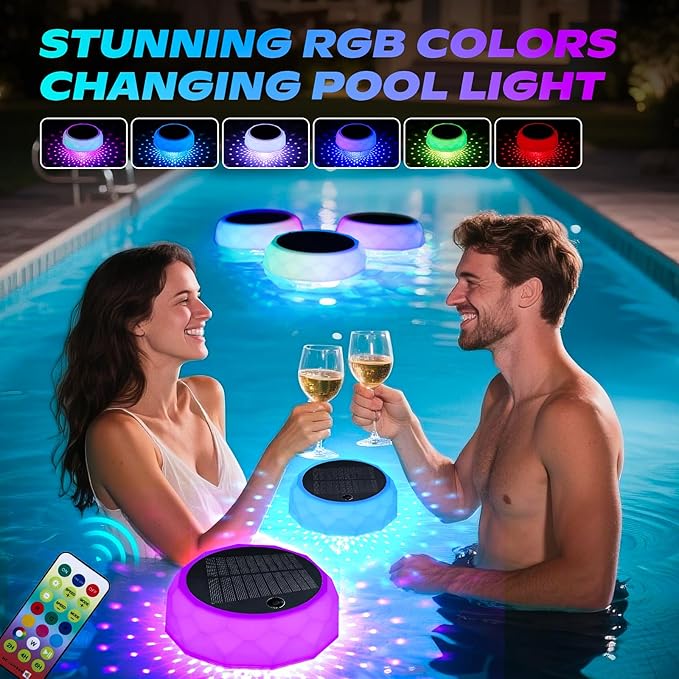 Floating Pool Light, Solar Rechargeable, Color-Changing IP68 Waterproof LED Solar Lights for Pools, Suitable for Garden Path and Party Decorations (1 Pack)