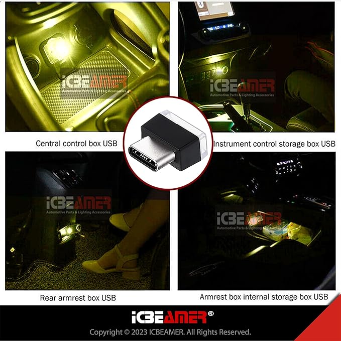 ICBEAMER Type C Adapters Atmosphere Light, [Color: Yellow] | Universal Plug-in Miniature Night Light for Car Interior and Trunk Ambient Lighting, Easy Installation, Energy Efficient LED Technology