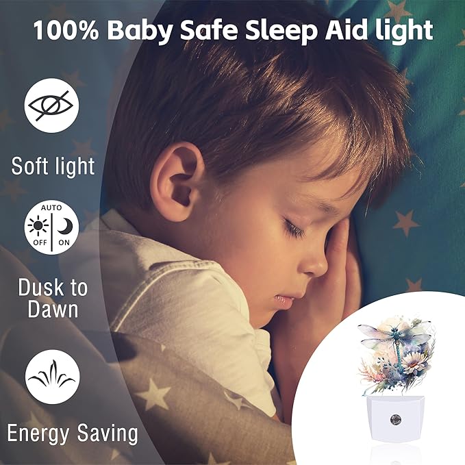 Watercolor Dragonfly Flowers Night Light, Vintage Insect Botanical Floral Leaves Dusk to Dawn Night Light Plug in,0.5w Energy Saving Sleep Friendly NightLight for Kids Boys Girls Home Decor