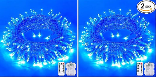 JMEXSUSS 33ft 100 LED Blue Christmas Tree Lights, Battery Operated Christmas Lights with 8 Modes Remote Waterproof Outdoor Indoor for Halloween Christmas Outside Decorations (Pack of 2)