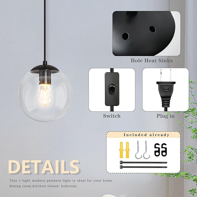 KoKo&Yukina 8" Globe Pendant Light Black Plug in Pendant Light Adjustable Hanging Lights with Plug in Cord Matte Black Finished with Clear Glass Lampshade for Bedroom Kitchen Island（Bulb Included）