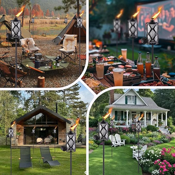 Home Garden Torch Set of 4, Large Capacity 16oz Outdoor Glass Torch Garden Décor,58-Inch Upgraded Citronella Torches with 3-Prong Grounded Stake, Torches for Party Patio Pathway