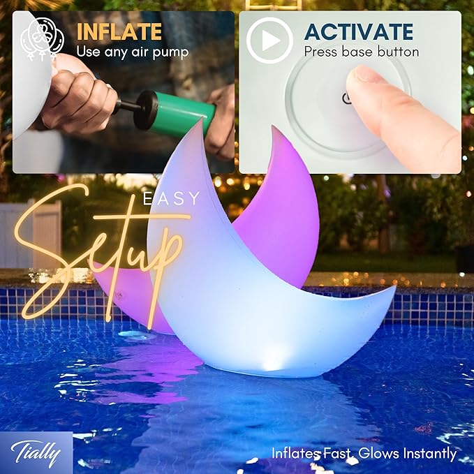 TIALLY Floating Pool Lights Solar Powered - 24" Ramadan Inflatable Light, Moon Floating Pool Decorations, Floating Solar Pool Lights for Swimming Pool, Weddings, Pool Party Decor (2 Pack)