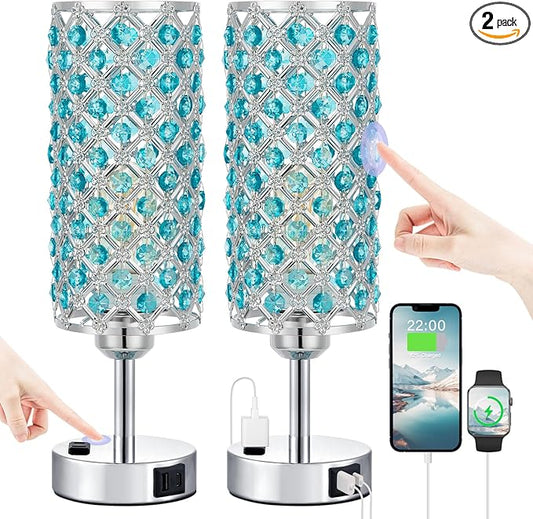 Hong-in Blue Crystal Lamp Touch Control Set of 2, Crystal Table Lamps with USB C+A Ports & AC Outlet, 3-Way Dimmable Nightstand Touch Lamp, Modern Bedside Table Lamp for Bedroom(Bulbs Included)