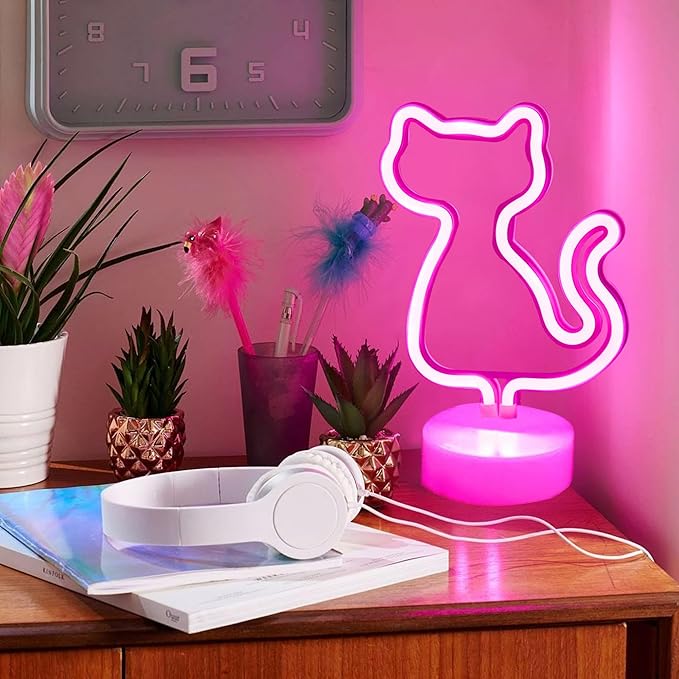 Valentine's Day Gifts for Girls: Cat Neon Signs with Holder Base - USB & Battery Powered Cute Pink Cats Led Neon Light Kids Room Decor, Led Light for Home, Girls Bedroom, Office, Party, Birthday Gifts