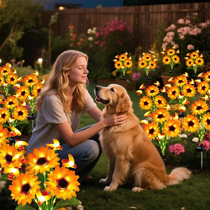 Solar Garden Lights 4 Pack Solar Swaying Bee Lights with Sunflowers, Gifts for Mom Women Mothers Day, Waterproof Firefly Flower Light for Outdoor Decor,Decoration for Patio Yard Landscape