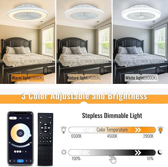 24'' Low Profile Bladeless Ceiling Fans with Lights, Remote/APP Control, 3CCT Dimmable, Flush Mount Ceiling Fan with 6-Speed Reversible for Bedroom Living Room Kid's Room