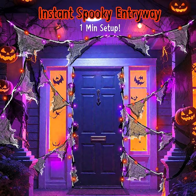 Halloween Lights Battery Operated or USB, Creepy Cloth String Lights with Timer Waterproof 9.8ft 30LED Orange and Purple String Lights Halloween Decortions for Fireplace Window Door Mirror