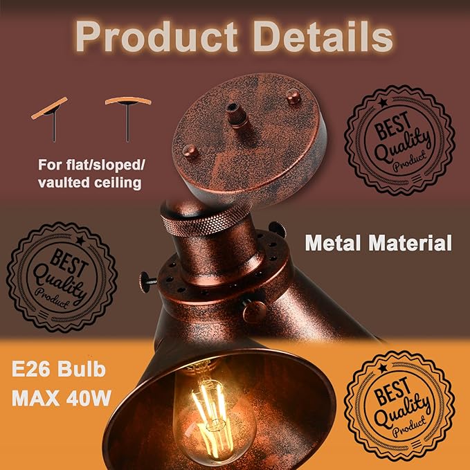 TAKEGO Farmhouse Pendant Light, Rustic Copper Pendant Light Kitchen Island, Vintage Pendant Light Fixtures, Hanging Ceiling Lamp for Kitchen Island, Hallway, Dining Room