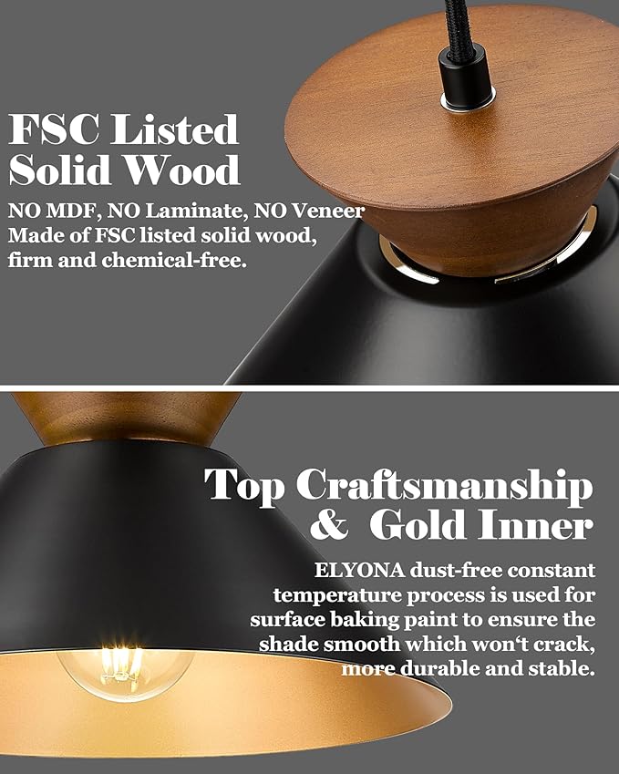 ELYONA Modern Pendant Light Kitchen Island, 10" Solid Wood Hanging Lamp with Matte Black Metal Shade & Gold Inner Finish, Farmhouse Pendant Light Fixtures for Dining Room Bedroom Living Room Hallway