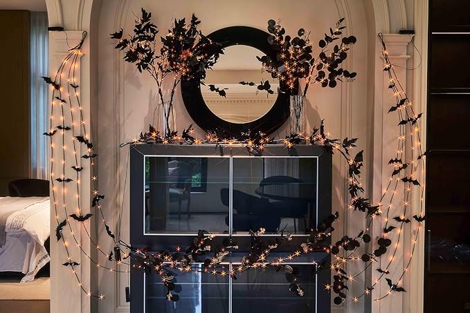 Hairui Lighted Halloween Garland with Bats Battery Operated with Timer, Black Garland with Lights 6FT 80 Orange and Warm White Fairy Lights 10 Functions for Wall Room Porch Halloween Decor 2Sets