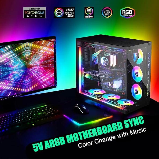 GIM KB-14 Pro Magnetic RGB Light Strip for PC Case, 1.1ft ARGB LED Strip Lights with 5V 3-pin, 4-pin Header & Mini Controller with SATA Header, Sync Color Changing & Light Speed Led Strip